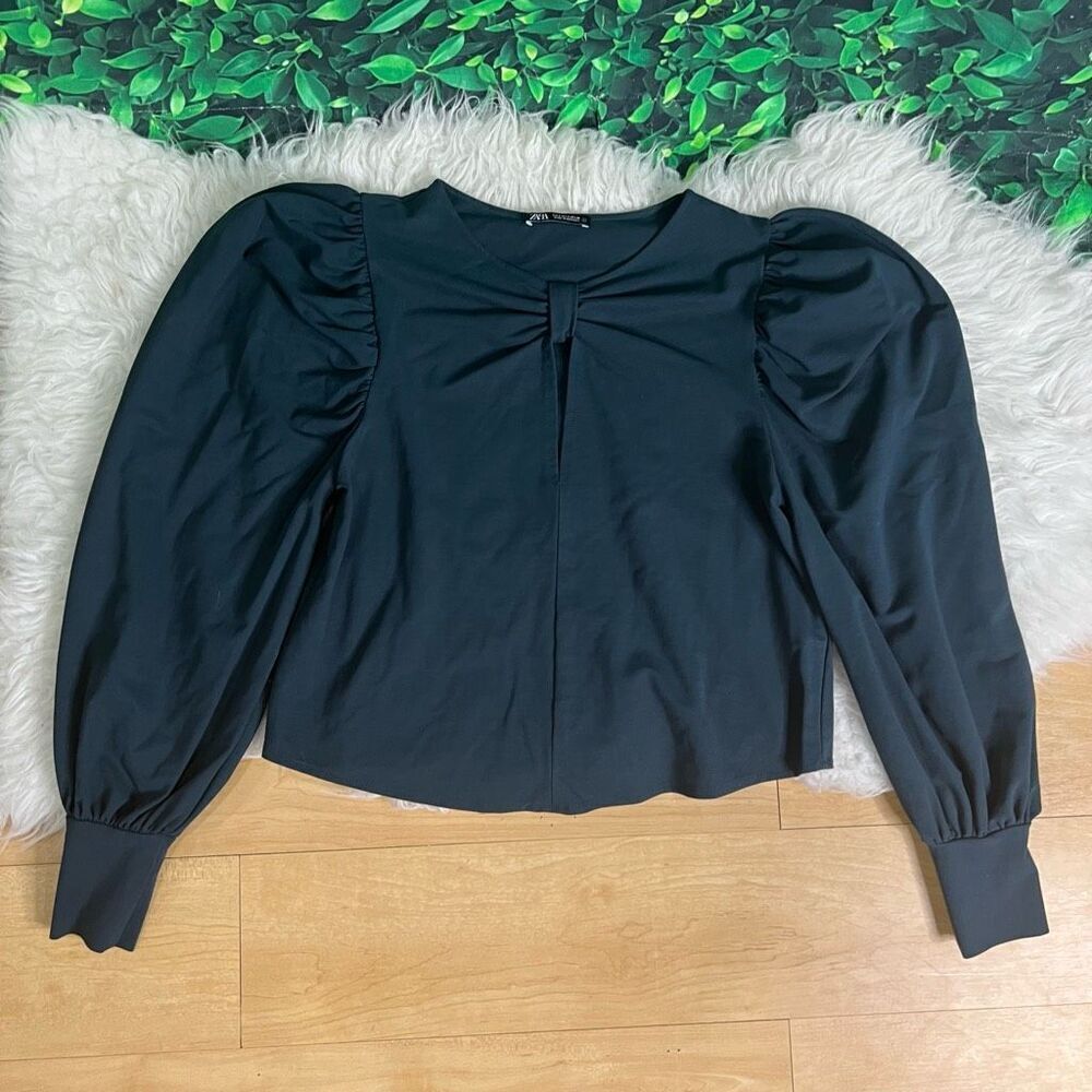 Zara Womens Green Knotted Long Puff Sleeve Blouse Stretch Pullover S
